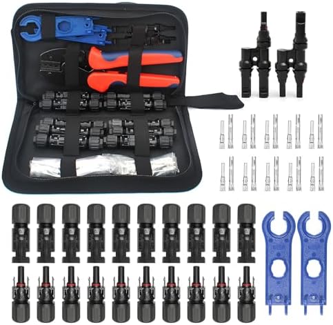 Solar Crimping Tool Kit for Solar Panel Connectors - a Crimper, 10 Pairs of Solar Wire Connectors and 1 Pair Solar Y Connector, 2 Pairs of Spanner Wrench for Solar Cable Connectors