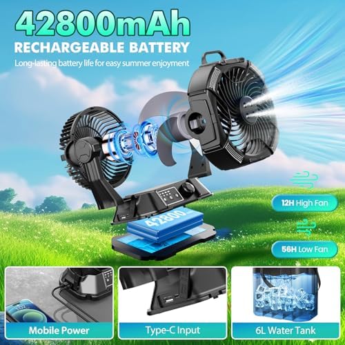 Misting Fan Portable Camping Fan 42800mAh Rechargeable with Remote Control, 3 LED Light & Stepless Speed Control & Cooling Spray with 6L Bucket, Timer Function, Portable Handle, Rotating Hanging Hook