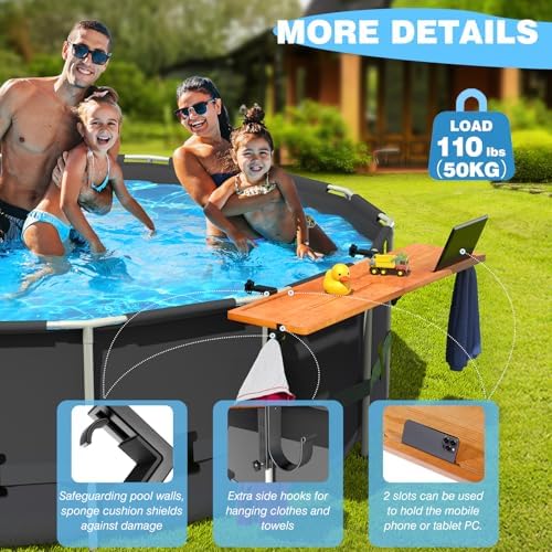 Above Ground Pool Bar Table, Acacia Solid Wood Foldable Poolside Bar, Fits Round or Oval Top Rail 3.7" or Less, Swim Up Bar Shelf Holds up to 110LBS, Frame Above Ground Pool Accessories