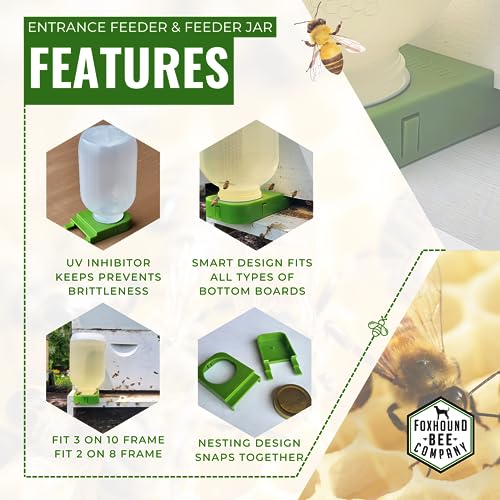Foxhound Bee Co: Honey Bee Feeder for Beekeeping with Plastic Entrance Feeder and Extra Large Half Gallon Bottle for Feeding Sugar Syrup or Water to Bee Hives - 2 Pack