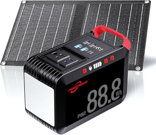 POWSTREAM 80W Solar Powered Generator with Panels 21W Included, 88.8Wh Lithium Battery Portable Power Station with AC Outlet 120W Peak Fast Charging 110V for Camping Outdoor Home Backup Backup RVs