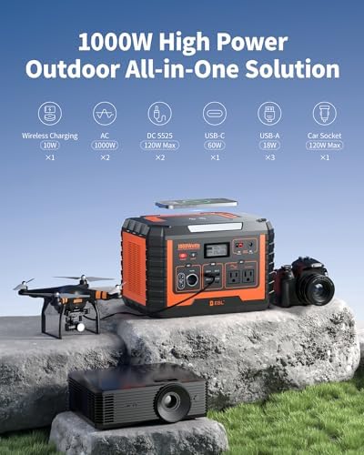 EBL 1000W Portable Power Station, 999Wh Solar Generator (2000W Peak), AC/Wireless Charging/60W USB-C Output, Lithium Battery for Emergency, Home Backup, Camping, RV, Off-Grid Living