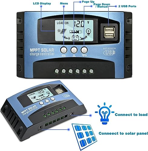 100A MPPT Solar Charge Controller, 12V/ 24V Solar Panel Battery Intelligent Regulator with Dual USB Port, LCD Display and Timer Setting ON/Off Hours