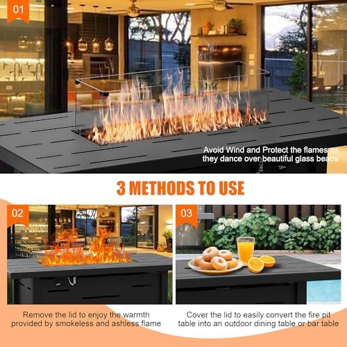 Walsunny 43 inch Outdoor Propane Fire Pit 50,000 BTU Gas Fire Pit Table with Lid, Waterproof Cover, Rectangle Gas Firepit Table for Garden/Patio, CSA Certification