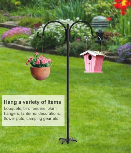 Artibear Double Shepherd Hooks for Outdoor, 92" Heavy Duty Bird Feeder Hangers Garden Hooks with 5-Prong Base, Outside Hanging Pole for Plant Baskets, Solar Light Lanterns, Wind Chimes, 1 Pack
