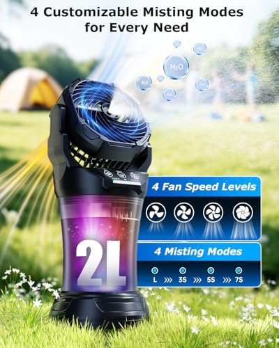 Misting Fan, Portable Misting Fan with 2L Water Tank, 30000mAh Battery, 180° Adjustable, 4 Speeds & 4 Mist Modes (Continuous/3S/5S/7S),4 LED Base Lights Remote Control for Outdoor Patio Camping