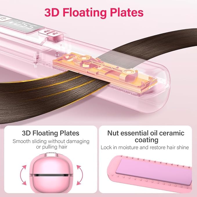 Cordless Hair Straightener and Curler 2 in 1 Mini Lightweight and Small USB Rechargeable with 4500mAh Battery 10s Fast Heating Portable Ceramic Flat Iron for Travel (Pink)