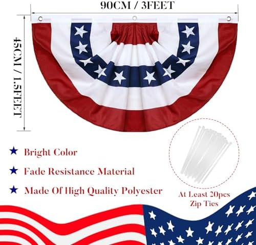 6 Pack American Pleated Fan Flag,1.5 X 3 FT American Bunting with Brass Grommets and Zip Ties,Patriotic Half Fan Banner Flag Decor, Memorial Day 4th of July Decoration Outdoor