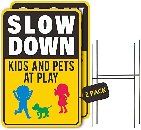 Slow Down Signs 2 Pack 17.8"x12" Slow Down Kids At Play Sign, Double Sided Slow Down Kids and Pets at Play Yard Signs With Metal Stakes, Weatherproof, 900g/m² Superhard Corrugated Plastic