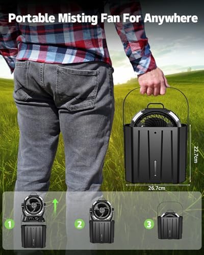 Portable Misting Fan with Remote, Camping Mister Fan for Outdoors Patios, Rechargeable Battery, 4 Spray Outlets, 3 Lights Modes, Stepless Speed and Timer for Fishing/Golf/Garden/Party/Office