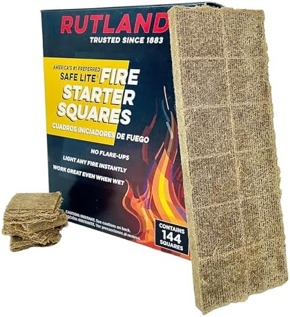 Rutland 50B Safe Lite Fire Starter Squares for Fireplaces, Grill Pits, Campfires, BBQ & Smokers - Longer Burn - 144 Squares