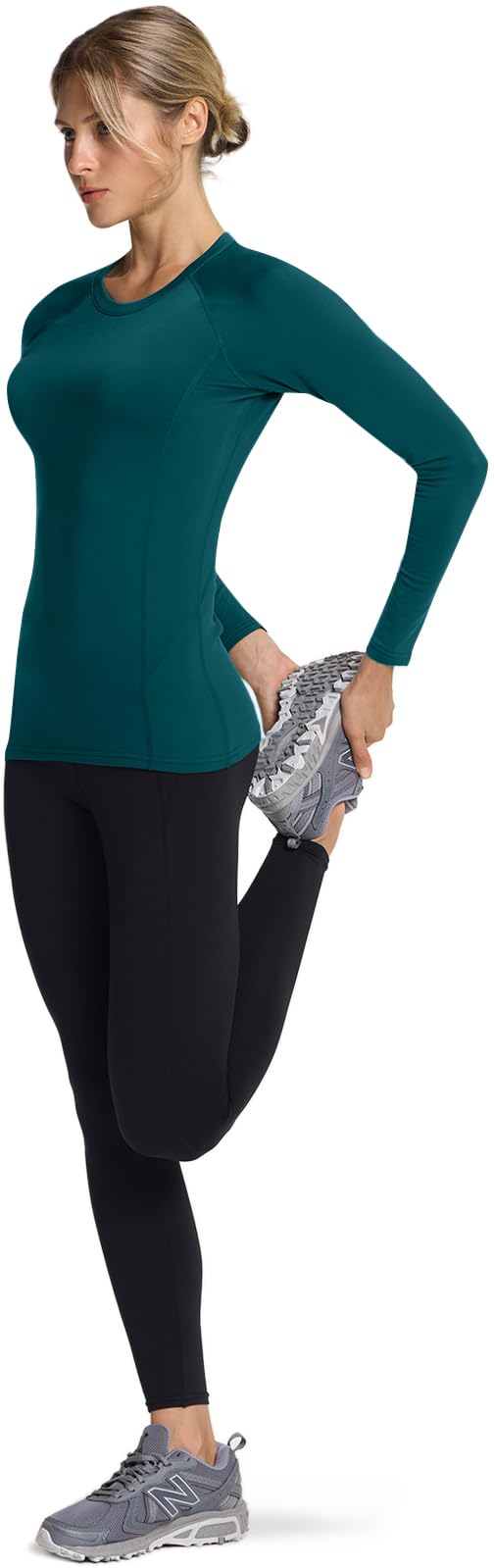 TSLA Women's Thermal Long Sleeve Tops, Mock Turtle & Crew Neck Shirts, Fleece Lined Compression Base Layer, Round Neck Winter 2pack Black/Teal, X-Small