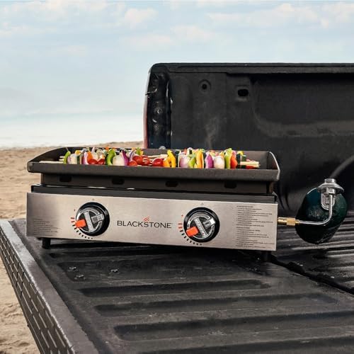 Blackstone 22" Omnivore Tabletop Outdoor Griddle Travel Bundle - Dual Stainless Steel H-Burners, 24,000 BTUs - Includes Propane Adapter and Soft Cover