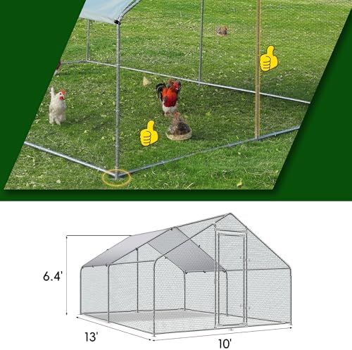 Large Metal Chicken Coop Upgrade Tri-Supporting Wire Mesh Chicken Run,Chicken Pen with Water-Resident and Anti-UV Cover,Duck Rabbit House Outdoor(10’ W x 13’ L x 6.5’ H)