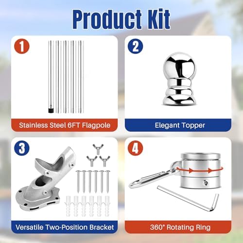 Stainless Steel Flag Pole Kit, 6Ft Thickened Flagpole Wall Flag Holder with Non Tangle Flagpole Spinners for Outside House,Two-Position Residential Wall Mount Flag Poles Accessories,Flag Stick(Silver)