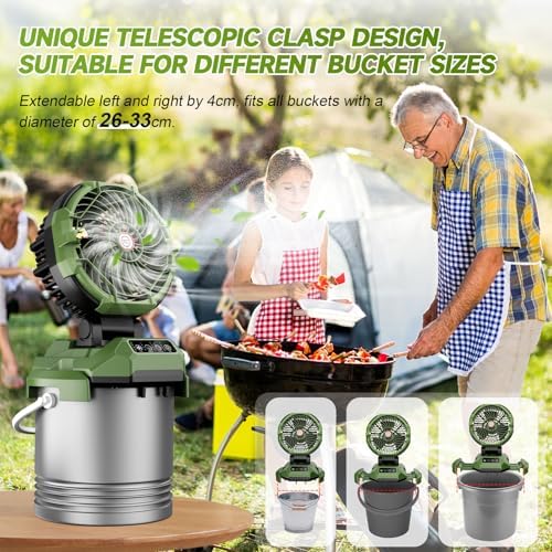 Lacoco Portable Misting Fan with 150 ° rotation, 30000mAh Rechargeable Battery Operated Fans, Outdoor Cooling Fan for Patio, BBQ, Worksite, Adjustable Base for 10-13in Bucket(No Bucket Included)