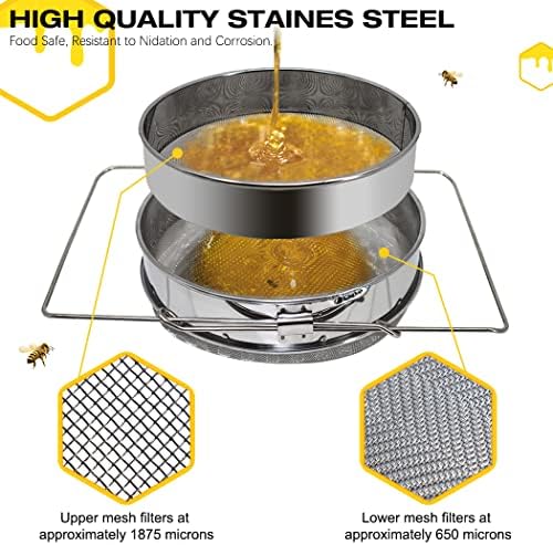 MayBee Double Sieve Honey Harvesting Kit for Beekeepers, Beekeeping Starter Kit Set of 5, Double Sieve Honey Strainer Stainless Steel, Frame Grip, Uncapping Fork, Honey Gate, Honey Filter Bag