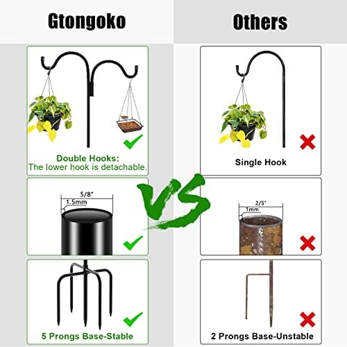 Gtongoko Double Shepherds Hook for Outdoor, 76 Inch Bird Feeder Pole with 5 Prongs Base, 5/8 Inch Thick Heavy Duty Adjustable Garden Hook for Hanging Plant, Lantern, Hummingbird Feeder, 1 Pack