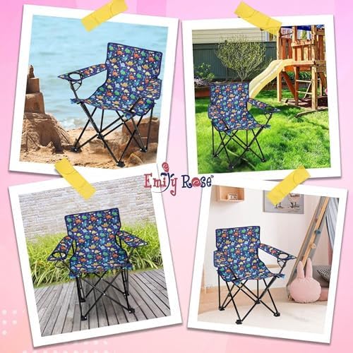 Emily Rose Kids Folding Beach Camping Chair Chair with Safety Lock, Cup Holder & Carry Case - Boys Girls Small Toddler Tailgate, Travel, Lawn Chair for Indoor & Outdoor (Playful Dinosaurs)