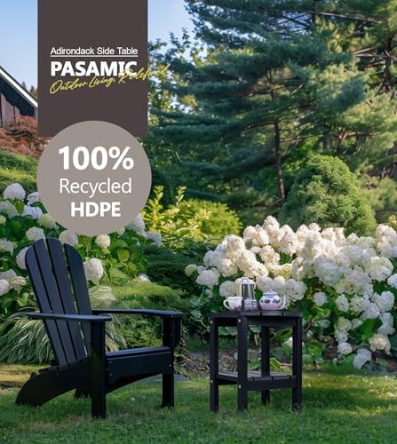 PASAMIC Outdoor Side Table, HDPE Adirondack Oval Side Table with 2-Tier Storage, Weather Resistant Outdoor End Table for Patio, Backyard, Pool, Indoor Companion, Beach, Easy Maintenance Table (Black)