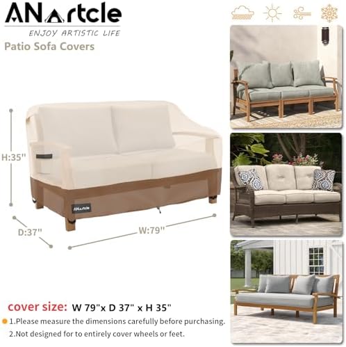 3-Seater Patio Sofa Cover,79W x 37D x 35H Inches Outdoor Couch Cover,100% Waterproof Heavy Duty Patio Sofa Covers,Patio Furniture Covers,Beige&Brown