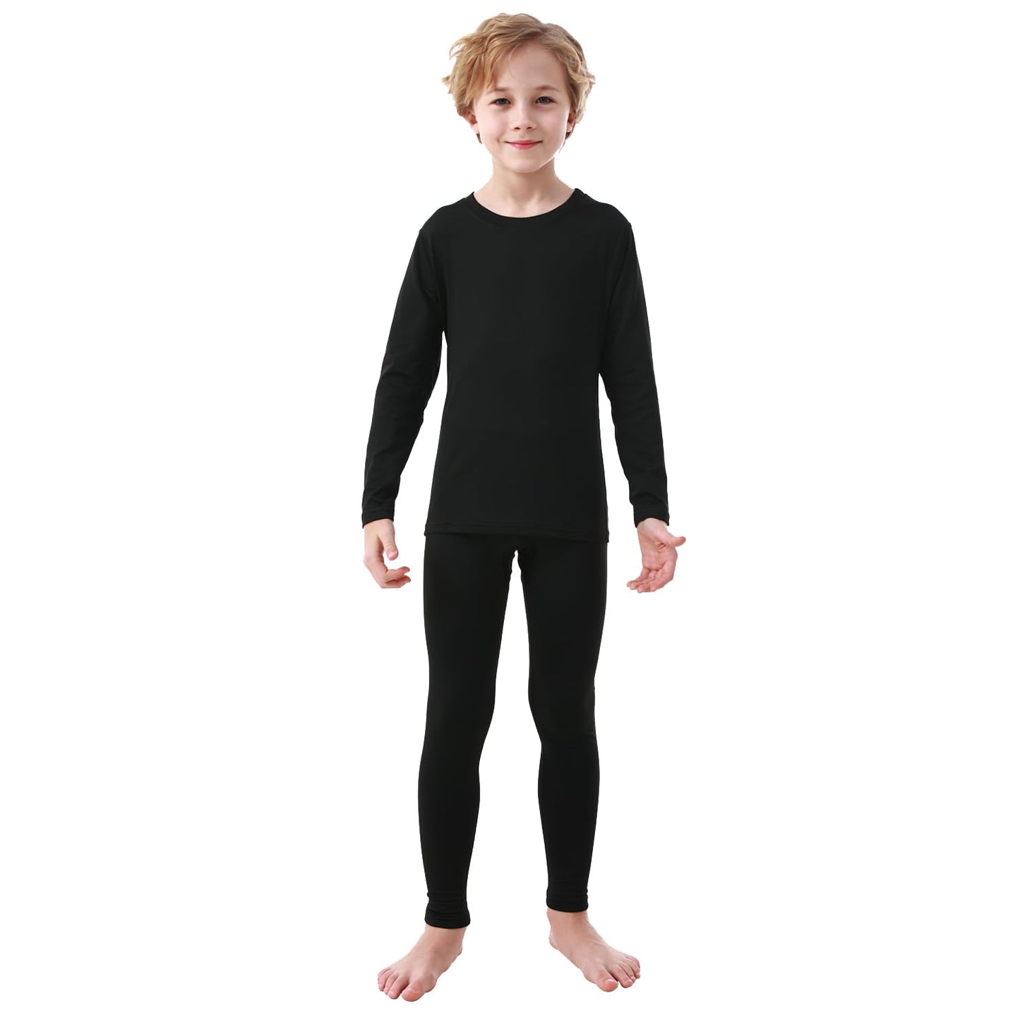 PISIQI Thermal Underwear Set for Boys Ultra Soft Fleece Lined Kids Long Johns Base Layer Thermal Top & Bottom Winter Warm Set Black