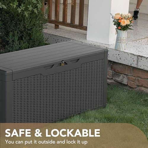 Devoko 100 Gallon Waterproof Large Resin Deck Box Indoor Outdoor Lockable Storage Container for Patio Furniture Cushions Garden Tools (100 Gallon, Grey)