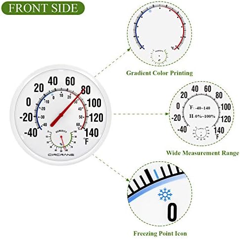 Circrane 13.25 Inch Round Thermometer with Hygrometer, Large Indoor Wall Patio Bimetal Weather Thermometer, No Battery Required, White