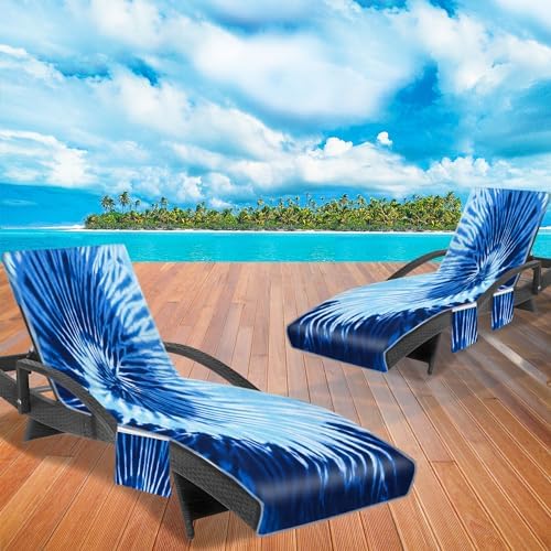 Lounge Chair Towel Cover (Pack of 2), Tie Dye Style Chaise Lounge Cover, Beach Chair Covers with Pockets for Pool Beach Garden Courtyard Outdoor Trips, 85 x30 in, Blue Grey
