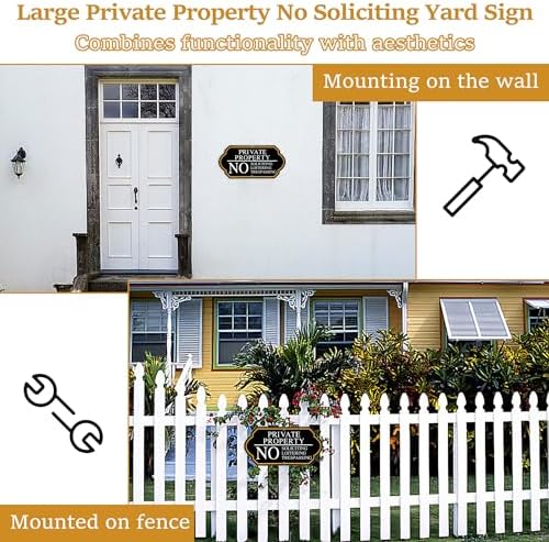 Large Private Property No Soliciting Yard Sign - Elegant Black with UV Protection, 14x7 Inch/35 inch Height, Durable Aluminum with Fiberglass Stake, Weatherproof, Easy-Install for Lawns and Gardens (2-Pack)