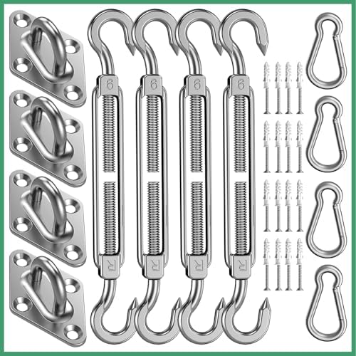 Sun Shade Sail Hardware Kit: 6 Inch Stainless Steel Sun Sail Hardware Kit for Triangle & Rectangle Shade Sail Canopy Installation, 44 Pcs Sunshade Hardware for Sun Shades Outdoor Patio Garden Backyard