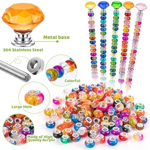 230 Pcs Beaded Garden Stakes, DIY Fairy Wand Garden Stake Beads Kits with 200 Colorful Assortment Round Large Hole Beads with 10 Crystal Stopper Top, 10 Threaded Rod and 10 Nuts for Outdoor Decoration