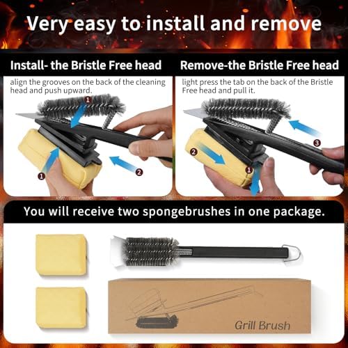Grill Brush with Scraper-Replaceable Steam BBQ Grill Cleaner Brush Head -Black 3-in-1 Safe Barbecue Clearning Brush Tools for Cast Iron/Stainless-Steel Grates (2 Steam Brush Heads)-Gifts for Grill Men