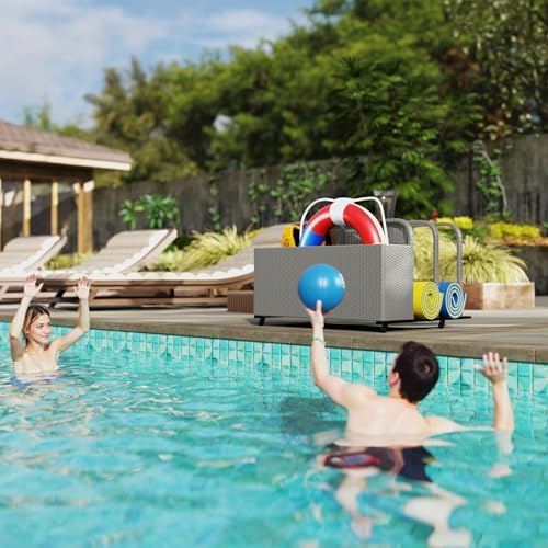 Outsunny Wicker Patio Pool Float Storage Basket, PE Rattan Outdoor Pool Caddy with Rolling Wheels for Floaties, Noodles, Life Vests, Beach Balls, Toys, Patio Furniture, Mixed Gray