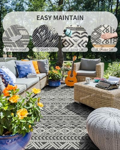 MontVoo Outdoor Rug Carpet Waterproof 5x8 Outdoor Patio Rug Mat Reverisble Plastic Straw Outdoor Rug for RV Camping Picnic Beach Balcony Boho Grey