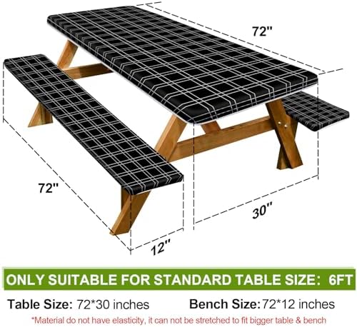 Picnic Table Cover with Bench Covers Camping Essentials Waterproof Windproof Camping Tablecloth with Drawstring Bag, Fitted Rectangle Tables and Seats, 72in, Black Checkered