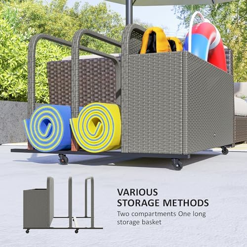 Outsunny Wicker Patio Pool Float Storage Basket, PE Rattan Outdoor Pool Caddy with Rolling Wheels for Floaties, Noodles, Life Vests, Beach Balls, Toys, Patio Furniture, Mixed Gray