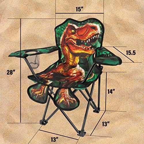 Toy To Enjoy Outdoor Dinosaur Kids Camping Chair – Foldable Children’s Chair for Camping, Tailgates, Beach, – Carrying Bag Included Mesh Cup Holder & Sturdy Construction. Ages 5 to 10 (Patent Pending)