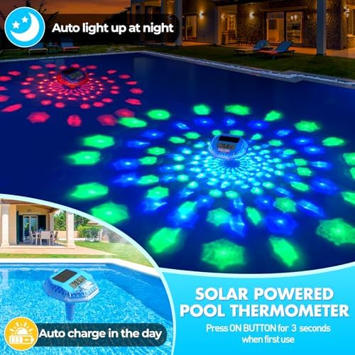 2025 Upgrade Digital Pool Thermometer Floating Easy Read, Solar Pool Thermometer with Dynamic Light Show, Large LCD Screen & IP68 Waterproof Pools Water Temperature Thermometers for Hot Tub