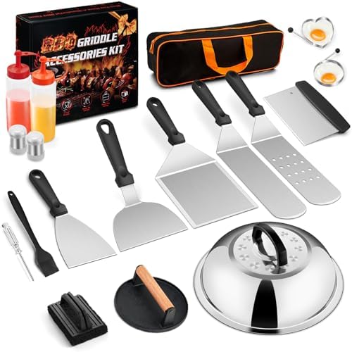 18Pcs Griddle Accessories Kit (with Basting Cover), Joyfair Stainless Steel Flat Top Grilling Spatula Accessory Tools Set with Melting Dome Burger Press, for Outdoor BBQ Teppanyaki Hibachi Cooking