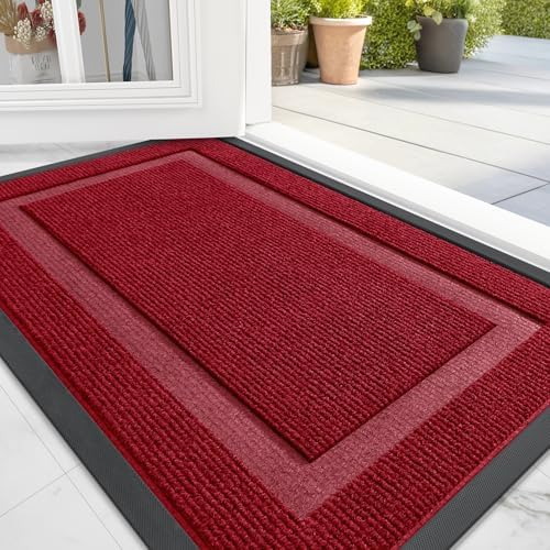 OLANLY Front Door Mat Indoor Outdoor Entrance, Waterproof All-Season, All-Weather Doormat, Sturdy Natural Rubber, Fade Resistant, Low Profile, Easy Clean Patio Porch Entryway Mat, 29.5x17, Wine Red