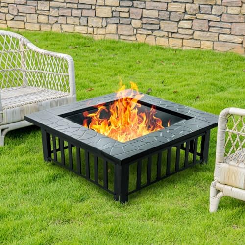 36 inch Fire Pit, Square Outdoor Fire Pit Table with Spark Screen & Fire Poker, 3-in-1 Multipurpose Firepits for Outside, Fireplace for Yard, Garden, Patio