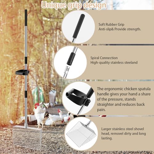 15-inch Large Chicken Poop Scooper with Ergonomic Grip, 4 in 1 Adjustable Chicken Coop Pooper Shovel (24 to 70"), Sifting Litter Shovel Scoop for Chicken Coop/Goat Stall/Stable Cleaning