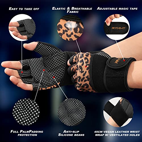 RYMNT Workout Gloves with Weight Lifting Wrist Wrap,Vented Cushioned Palm & Extra Grip for Men Women Gym,Weightlifting,Crossfit Training,Fitness,Exercise,WODs,Pullups.Leopard-Small