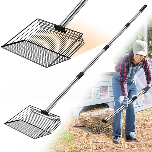 10inch Chicken Poop Scooper, 37 to 63 inch Long Chicken Coop Rake, Heavy Duty Stainless Steel Chicken Coop Scoop for Sand Sifter Shovel, Chicken Coop Cleaning Tools Accessories