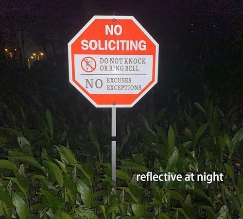 No Soliciting Sign for House and Yard - 10x10 Inch, 40 Mil Rustproof Aluminum, Weatherproof, Reflective, with 28-Inch Stake - Do Not Knock or Ring Doorbell Sign for Front Door and Property Protection