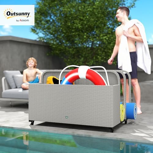 Outsunny Wicker Patio Pool Float Storage Basket, PE Rattan Outdoor Pool Caddy with Rolling Wheels for Floaties, Noodles, Life Vests, Beach Balls, Toys, Patio Furniture, Mixed Gray