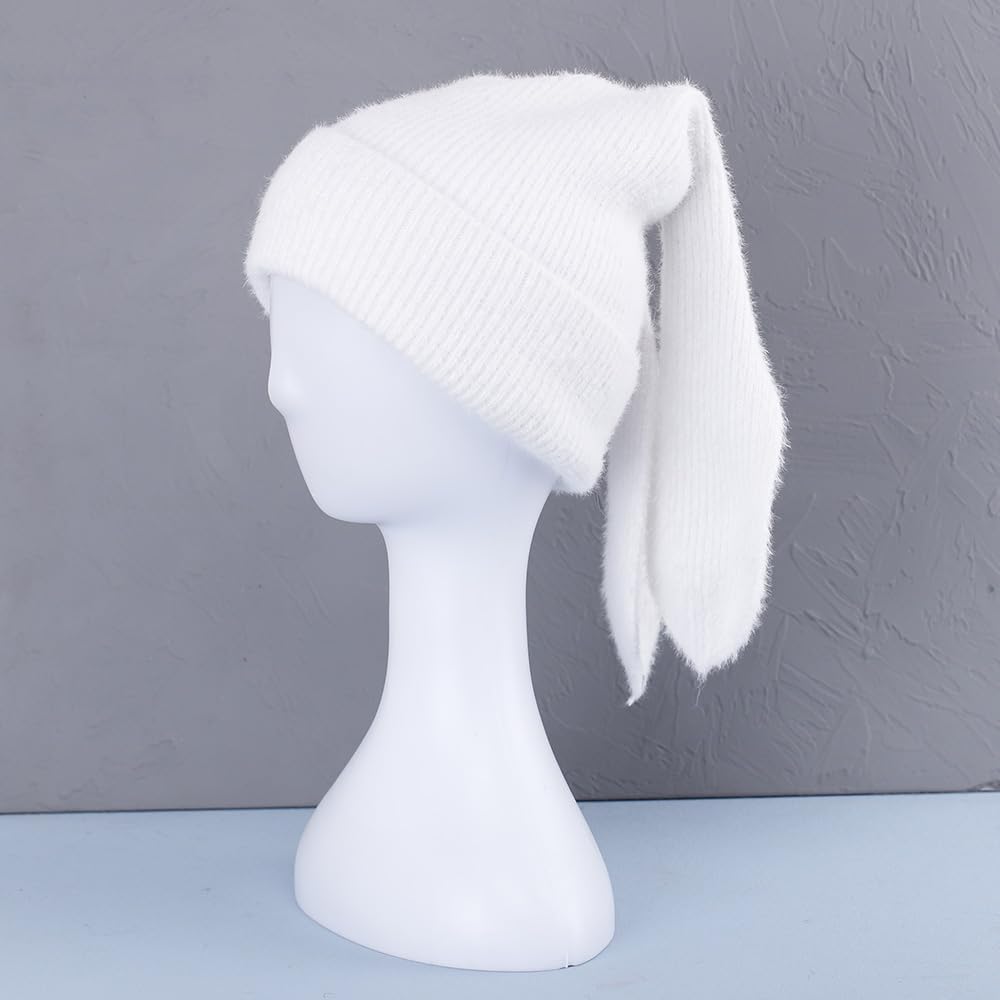 Bunny Beanie Hats for Women Cute Rabbit Beanie Crochet Hats Winter Cap Warm Skull Cap Outdoor Ski Slouchy White