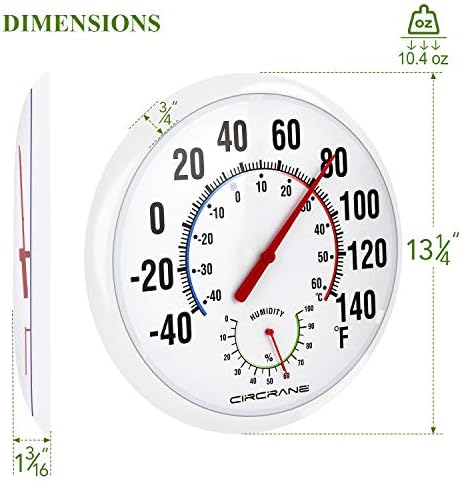 Circrane 13.25 Inch Round Thermometer with Hygrometer, Large Indoor Wall Patio Bimetal Weather Thermometer, No Battery Required, White
