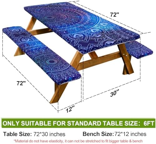Picnic Table Cover with Bench Covers Camping Essentials Waterproof Windproof Camping Tablecloth with Drawstring Bag, Fitted Rectangle Tables and Seats, 72in, Blue Purple
